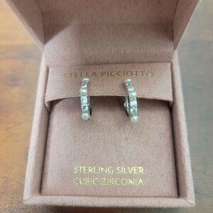Stella Picciotto Sterling Silver Cubic Zirconia With Pearls Hoop Earring Nwt